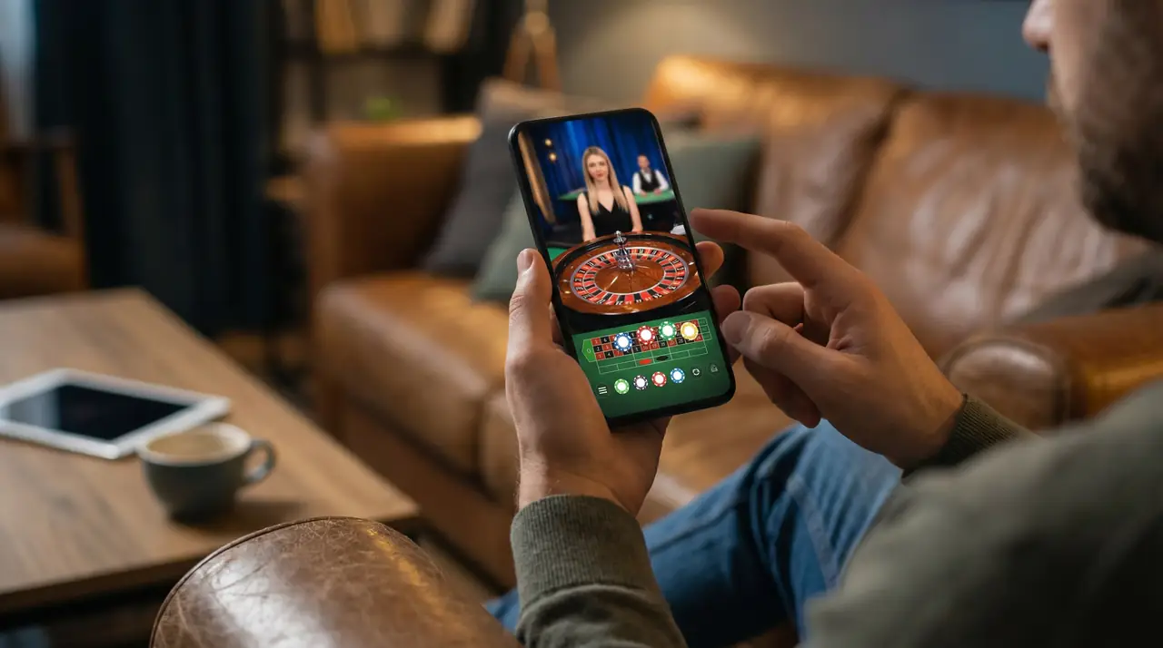Player using smartphone for a live wheel casino game