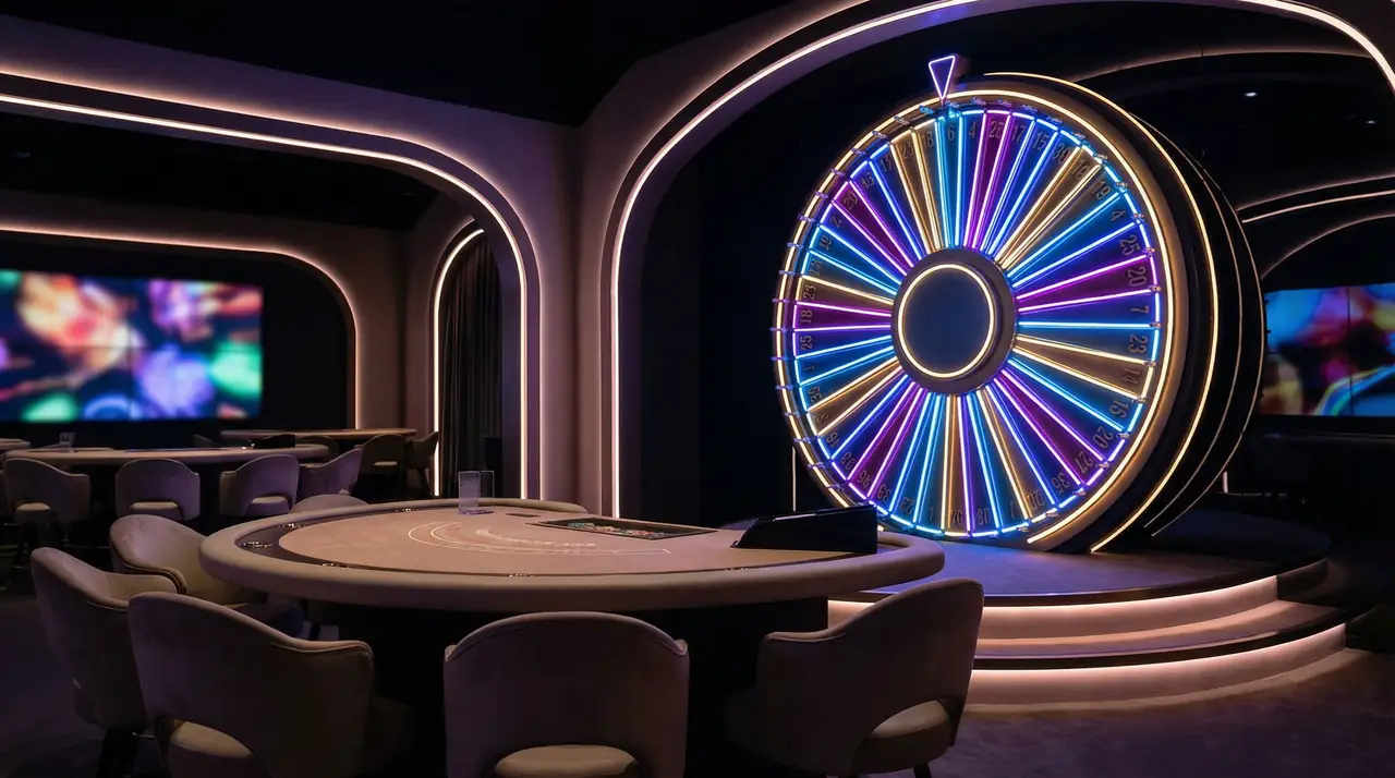 Crazy Time style live wheel in a neon studio